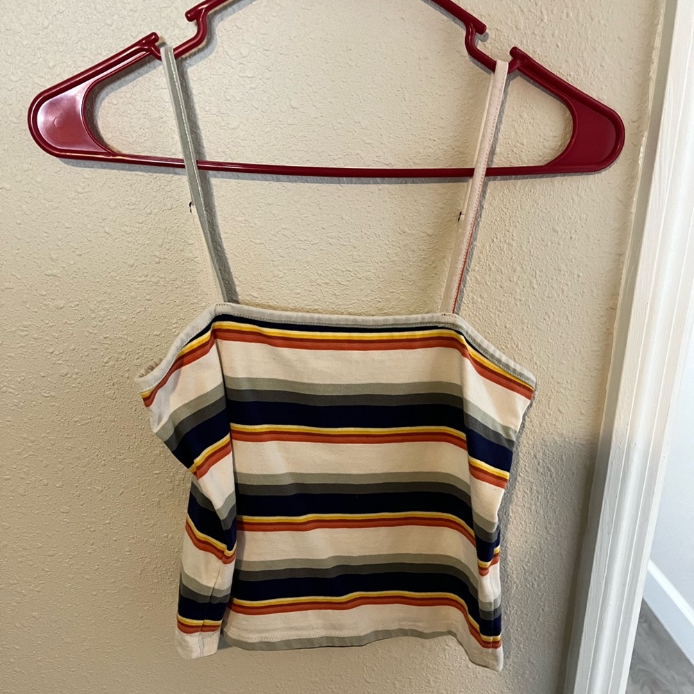 Crop tank top with blue, yellow, orange stripes